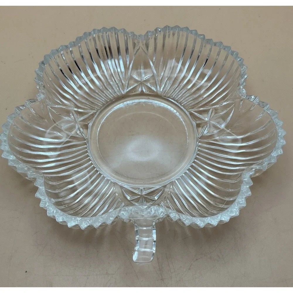 Vintage Clear Pressed Glass Petal Nappies Handled‎ Scalloped Ribbed Pair
